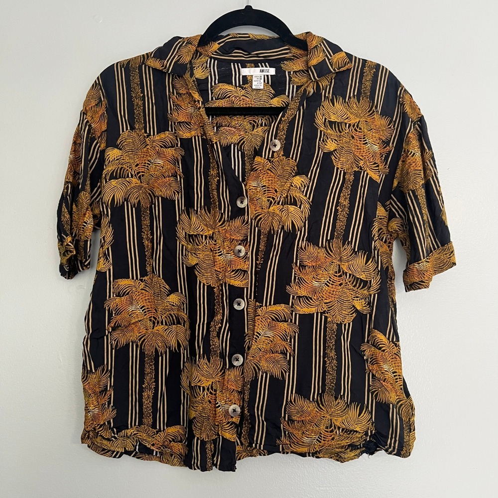 Amuse Society Womens XS Palm Tree Stripe Button Down Shirt Black Gold tropical